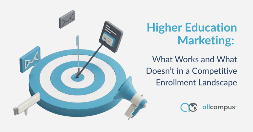 3D bullseye target with digital marketing channel icons — email, content, and megaphone — representing higher education marketing strategy