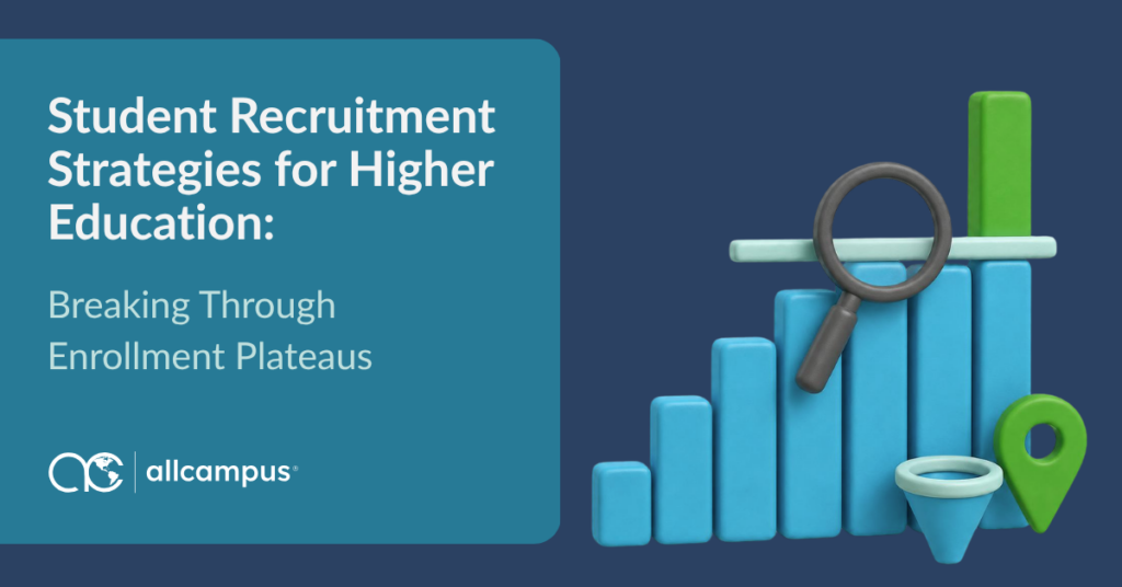 Text "Student Rectuitment Strategies for Higher Education: Breaking Through Enrollment Plateaus" with Image of chart going up and to the right, a magnifying glass, and a funnel