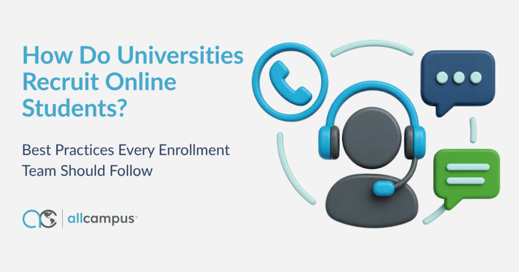 The title: How Do Universities Recruit Online Students? Best Practices Every Enrollment Team Should Follow. Icons of an enrollment specialist, phone, chate, and SMS.